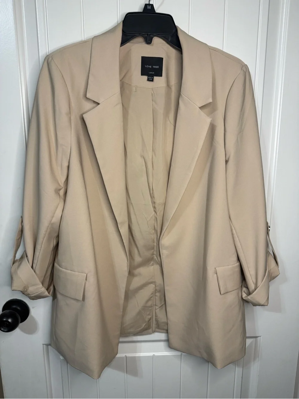 Love Tree Beige Open-Front Roll-Sleeve Blazer - Picture 3 of 8